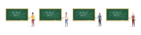 Set of happy teachers near the blackboard. Teaching at an educational institution. Flat style. Vector illustrationのイラスト素材