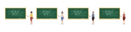 Set of happy teachers near the blackboard. Teaching at an educational institution. Flat style. Vector illustrationのイラスト素材