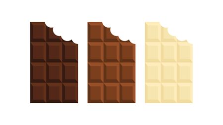 Set of bitten chocolate bars. White, milk and black chocolates. Vector illustrationのイラスト素材