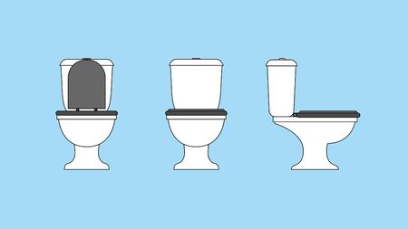 Set of toilets with closed and open lid. Front and side view. Vector illustrationのイラスト素材