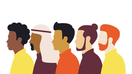A group of men with different nationalities and cultures. Multicultural illustration. Struggle for rights, independence, equality. Vector illustrationのイラスト素材