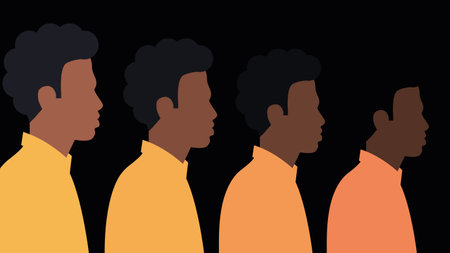 The faces of black men in profile. Black citizens are fighting for equality. Social problems of racism. Vecatorial illustrationのイラスト素材