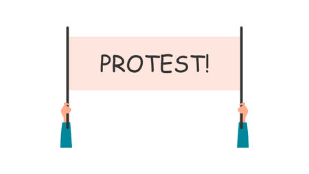 Baner for protest. People who went to a demonstration or meeting. The concept of protest, strike or revolution. Vector illustration. Flat style.のイラスト素材