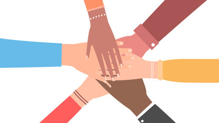 A multiethnic group of men and women joined hands. The concept of cooperation, unity, friendship and mutual assistance. Vector illustration. Flat styleのイラスト素材