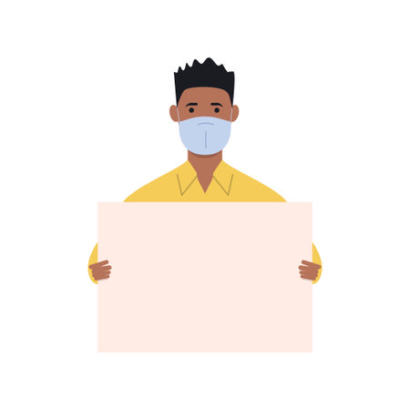 A protester wearing a medical mask who came to a demonstration or rally carrying banners. The concept of protest, strike or revolution during COVID-19. Vector illustration. Flat style.のイラスト素材