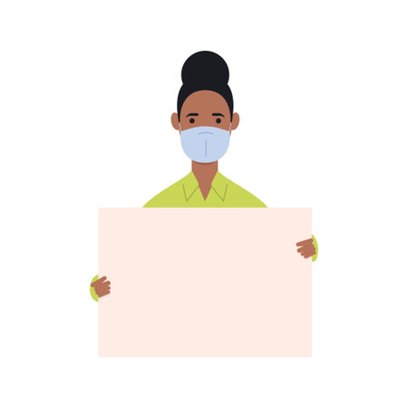 A protester wearing a medical mask who came to a demonstration or rally carrying banners. The concept of protest, strike or revolution during COVID-19. Vector illustration. Flat style.のイラスト素材