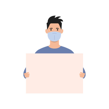 A protester wearing a medical mask who came to a demonstration or rally carrying banners. The concept of protest, strike or revolution during COVID-19. Vector illustration. Flat style.のイラスト素材