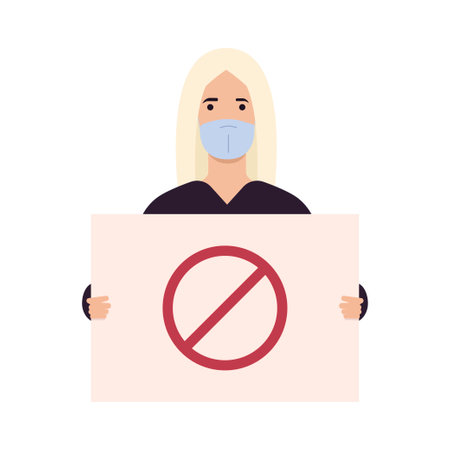 A girl in a medical mask who came to a demonstration or rally with banners in her hands. The concept of protest, strike or revolution during COVID-19. Vector illustration. Flat style.のイラスト素材