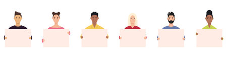 A group of people who came to a demonstration or meeting with banners in their hands. Concept of protest, strike or revolution. Vector illustration. Flat style.のイラスト素材