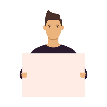 A young man who came to a demonstration or meeting with a banner in his hands. Concept of protest, strike or revolution. Vector illustration. Flat style.のイラスト素材