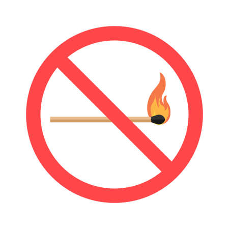 Prohibition sign on a burning match isolated on white background. Fire safety. Vector illustrationのイラスト素材