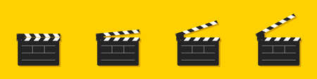 Set of video clappers isolated on yellow background. Conomography concept. Template for the director's instructions, the produce. Flat style. Vector illustrationのイラスト素材