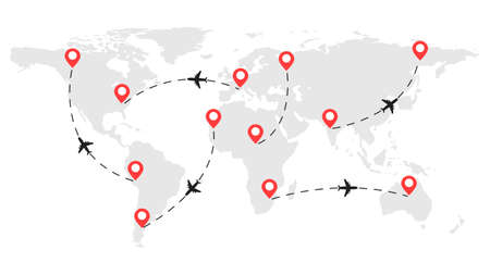 Airplane routes on the world map. Flight from one point to another. Airline concept. Vector illustrationのイラスト素材