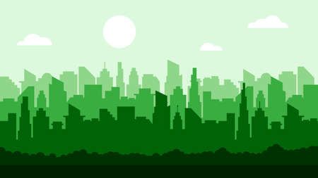 Green silhouette of modern city skyline. Cityscape with sun and clouds. Vector illustration in flat styleのイラスト素材