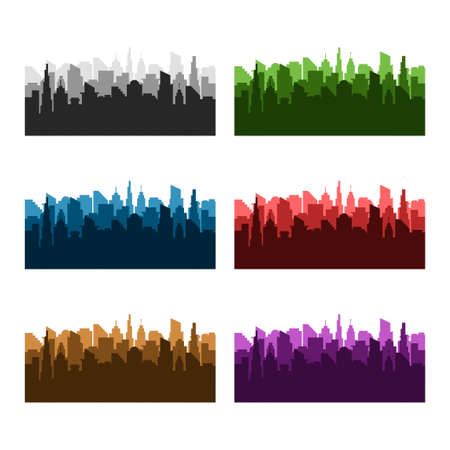 Set of silhouettes of skylines of modern cities in different colors. Urban landscapes. Vector illustration in flat styleのイラスト素材