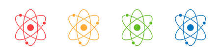Atom icons set isolated on white background. Structure of the nucleus of the atom. Around the atom, gamma waves, protons, neutrons and electrons. Vector illustrationのイラスト素材