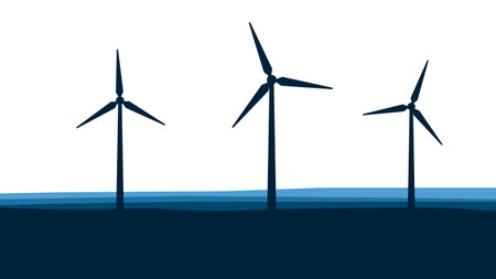 Wind turbines on the background of the field. Eco station. Wind energy concept. Flat style. Vector illustration.のイラスト素材