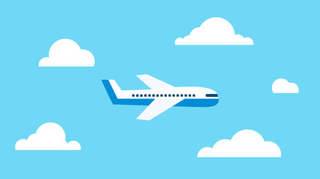 An airplane flying in the sky surrounded by clouds. Air transport or air travel concept. Flat style. Vector illustrationのイラスト素材