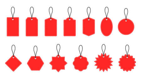 A set of red paper price tags or gift tags of various shapes isolated on a white background. Vector illustrationのイラスト素材