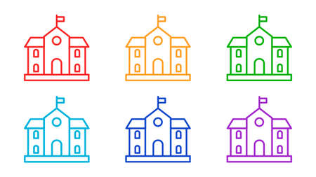 School buildings icons set of different color isolated on white background. Place of education for children. Vector illustrationのイラスト素材