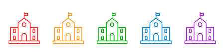 School buildings icons set of different color isolated on white background. Place of education for children. Vector illustrationのイラスト素材