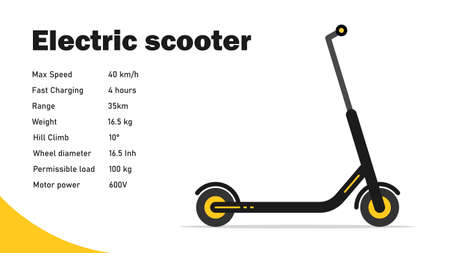 Electric scooter with technical characteristics. Kick scooter performance concept. Banner Page. Flat style. Vector illustrationのイラスト素材
