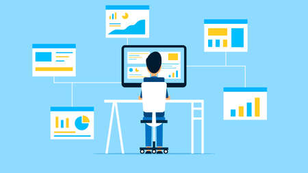 Computer work. Business data analyst. Office worker. Remote work. Flat style. Vector illustrationのイラスト素材