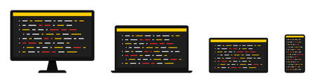 Programming. Coding. Development and software. Web. SEO. Writing code on the screen of a computer, laptop, tablet and smartphone. Flat style. Vector illustrationのイラスト素材