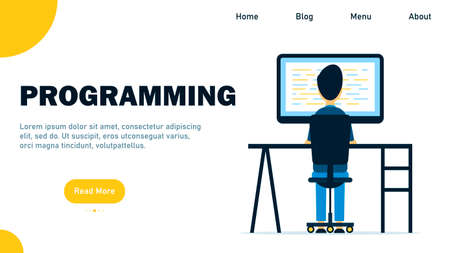 Programming. The developer is at the computer. Writing code. Web programming. Website development. Flat style. Vector illustrationのイラスト素材