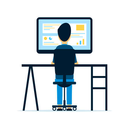 Computer work. Business data analyst. Office worker. Remote work. Flat style. Vector illustrationのイラスト素材