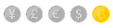 Bitcoin, dollar, euro, pound sterling and yuan. The superiority of BTC. Mining cryptocurrency. Banner on the theme of digital money. Vector illustrationのイラスト素材