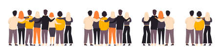 Hugs from friends. Friendship of guys and girls. Unity and good relationships. Family, team, collaboration or partnership. Men and women in a flat style. Vector illustrationのイラスト素材
