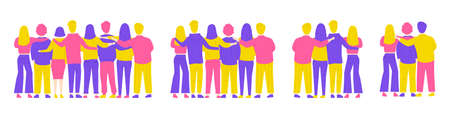 Hugs from friends. Friendship of guys and girls. Unity and good relationships. Family, team, collaboration or partnership. Men and women in a flat style. Vector illustrationのイラスト素材
