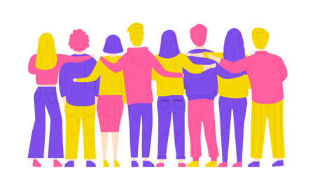 Hugs from friends. Friendship of guys and girls. Unity and good relationships. Family, team, collaboration or partnership. Men and women in a flat style. Vector illustrationのイラスト素材