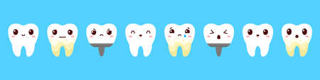 A set of teeth with emotions. Dentistry. Healthy teeth, plaque teeth and an implant. Dental treatment in a dental clinic. Flat style. Vector illustrationのイラスト素材