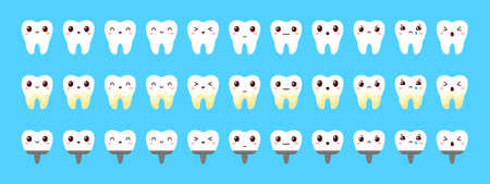 A set of teeth with emotions. Dentistry. Healthy teeth, plaque teeth and an implant. Dental treatment in a dental clinic. Flat style. Vector illustrationのイラスト素材