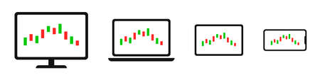 Trade. Trading stocks on a computer, laptop, tablet and phone. Stock market candlestick chart or forex trading chart. Online analysis for investments. Financial analytics. Vector illustrationのイラスト素材