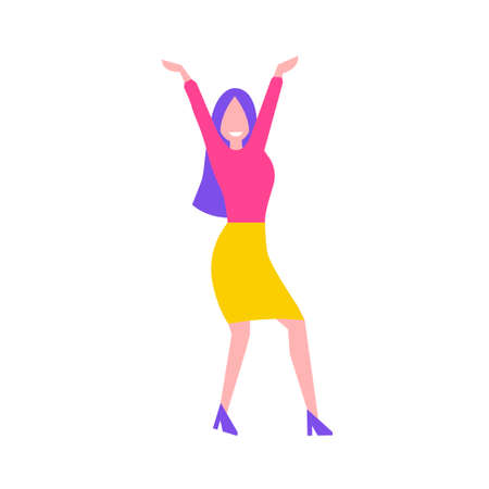 Dancing young girl. Party. Smiling woman at a dance party. Flat style. Vector illustrationのイラスト素材