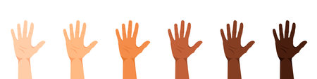 A set of hands of people of different nationalities and races: Europeans, Asians, Caucasians, African Americans, etc. Hands of different skin colors. Flat style. Vector illustrationのイラスト素材