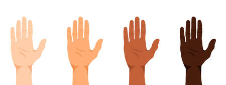 A set of hands of people of different nationalities and races: Europeans, Asians, Caucasians, African Americans, etc. Hands of different skin colors. Flat style. Vector illustrationのイラスト素材