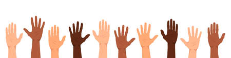 A multiethnic group of people with their hands up. The palms of people with a different color of skin.のイラスト素材