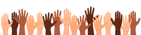 A multiethnic group of people with their hands up. The palms of people with a different color of skin.のイラスト素材