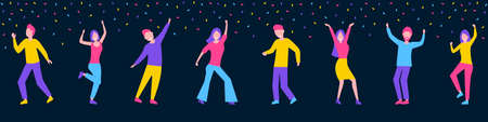 Dancing people. Party. Group of people at a dance party. Smiling dancing young people. Flat style. Vector illustrationのイラスト素材