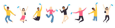 People in the jump. Multiethnic group of happy smiling people. End of the  pandemic. Victory over the virus. Flat style. Vector illustrationのイラスト素材