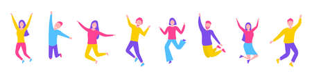 Happy group of people jumping. A team of people celebrating victory and success. Flat style. Vector illustration.のイラスト素材