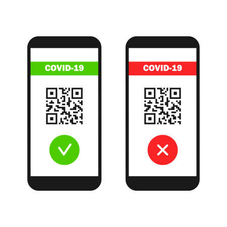 Vaccine passport on smartphone screen. Green immunity certificates. Health passports on digital screen with qr code. Flat style. Vector illustrationのイラスト素材