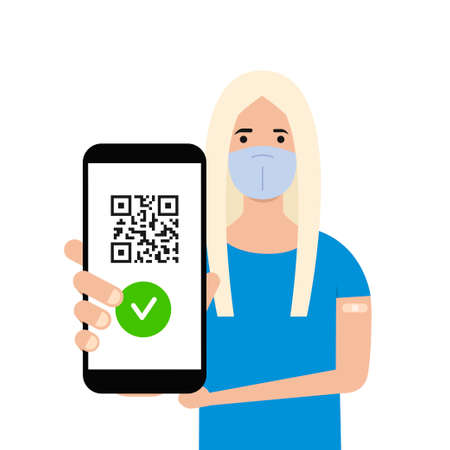 Vaccinated young woman with vaccine passport on smartphone screen. Green immunity certificate. Health passport on digital screen with QR code. Flat style. Vector illustrationのイラスト素材