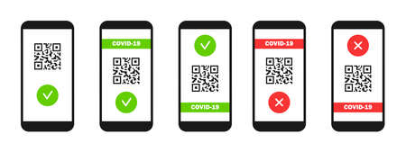 Vaccine passport on smartphone screen. Set. Green immunity certificates. Health passports on digital screen with qr code. Flat style. Vector illustrationのイラスト素材