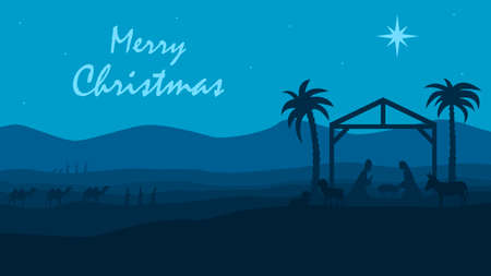 The birth of Jesus Christ. Feast of Christmas. Nativity scene. Holy night. Merry Christmas. Silhouette of baby Jesus in a manger, Mary, Joseph, shepherds and magi. Christmas vector illustration.のイラスト素材