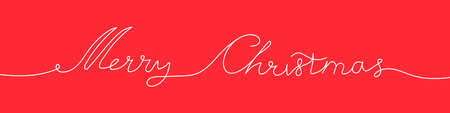 Merry Christmas. One line hand-drawn inscription on a red background. Congratulations on the winter holiday. Vector illustrationのイラスト素材